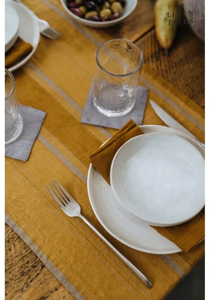 Len asztali futó 200x200 cm Amber Bronze Stripes – Linen Tales