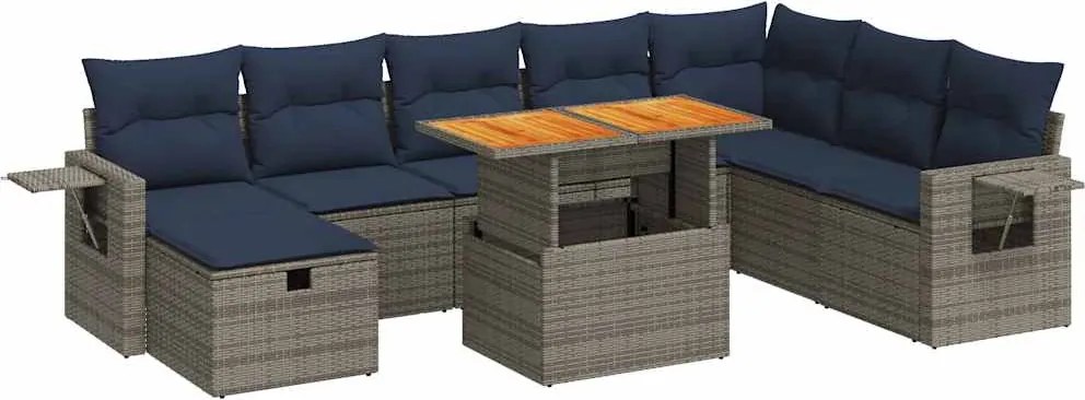 vidaXL 9 részes szürke polyrattan akácfa kerti ülőgarnitúra párnákkal