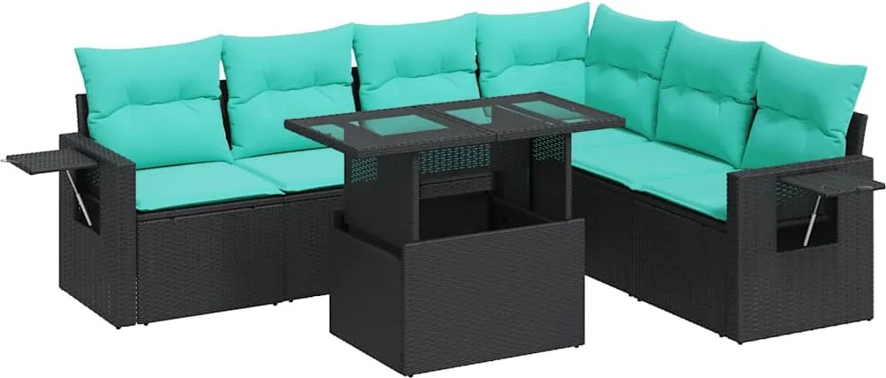 vidaXL 7 részes fekete polyrattan akácfa kerti ülőgarnitúra párnákkal