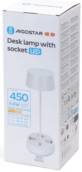 Aigostar - LED Dimmelhető asztali lámpa aljzatokkal és USB-porttal LED/4,6W/230V fehér