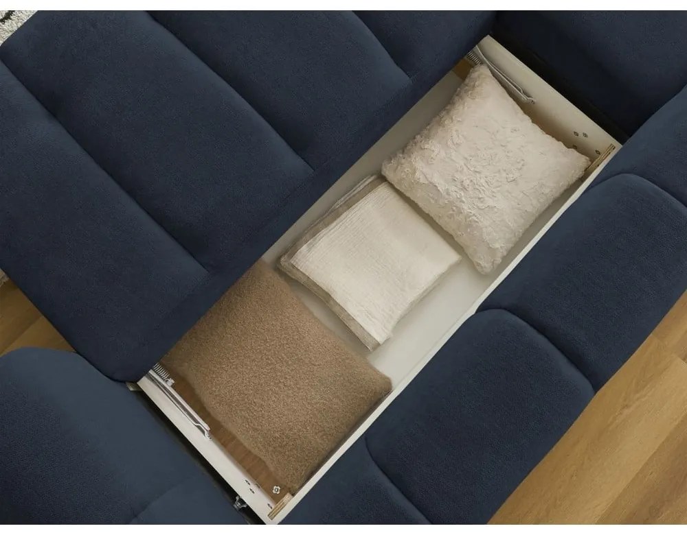 Sötétkék kinyitható-tárolóhelyes sarokkanapé (bal oldali-heverő résszel) Fuji – Bobochic Paris