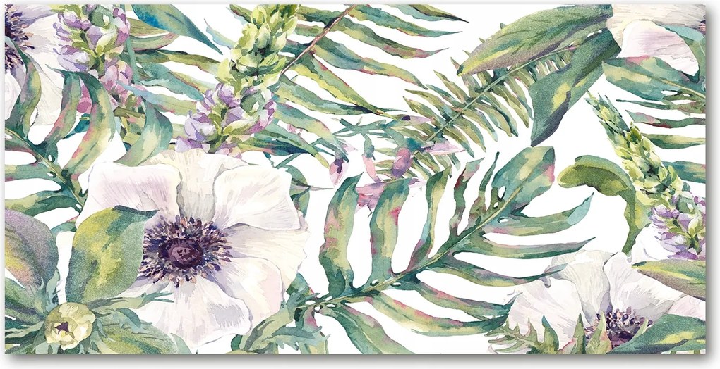 Konyhai panel Páfrányok és virágok 140x70 cm Ragasztó