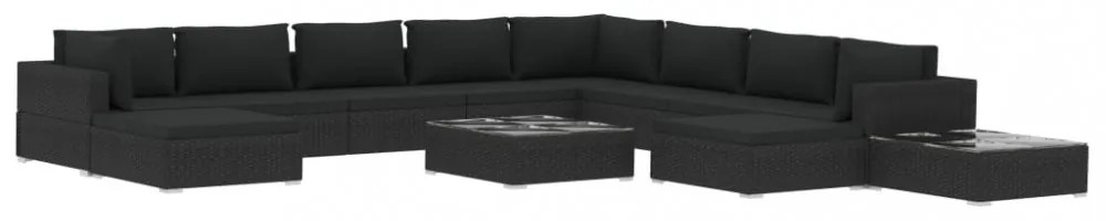 12 részes fekete polyrattan kerti bútorszett párnákkal