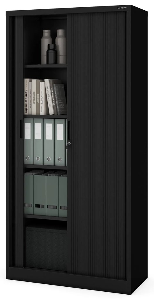 DAMIAN irodai fémszekrény harmonikaajtókkal, 900 x 1850 x 450 mm, fekete