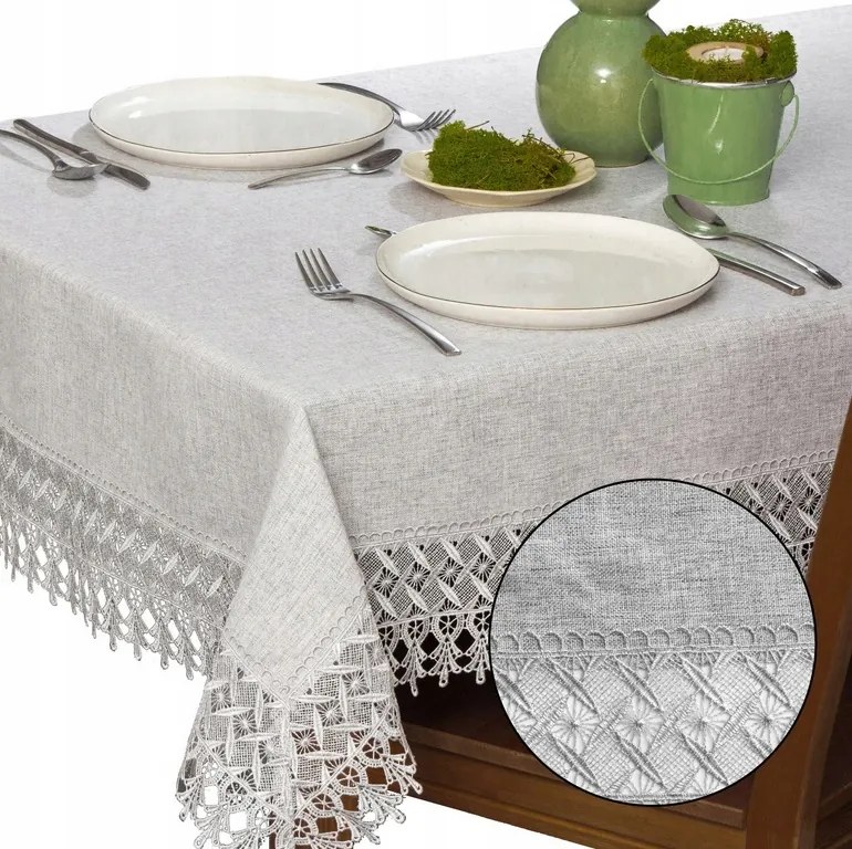 Abrosz Szürke asztali Sima gipiurával 140X240 téglalap utánzat Len csipke