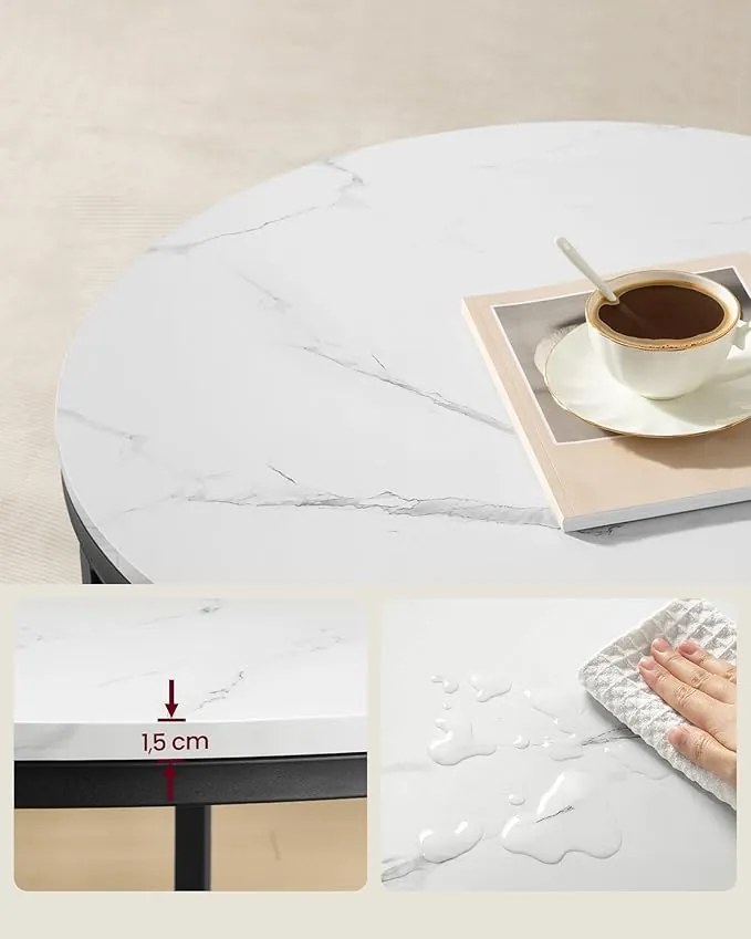 Dohányzóasztal üveg asztallappal és nagy tárolóhellyel, márványfehér és tintafekete