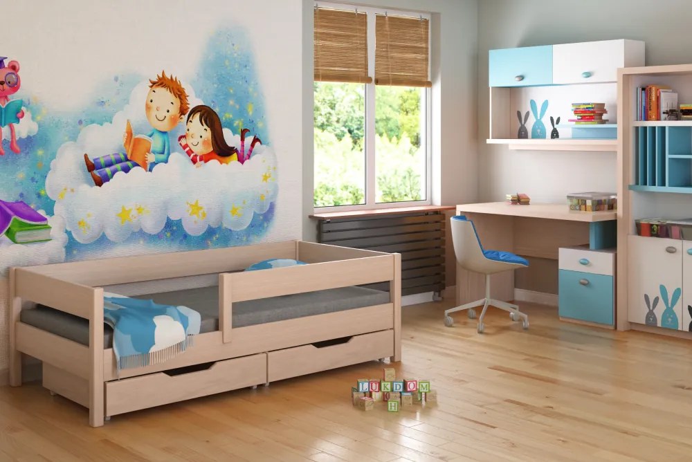 Gyerekágy biztonsági akadállyal, fehérített tölgy, 90x200, MIX