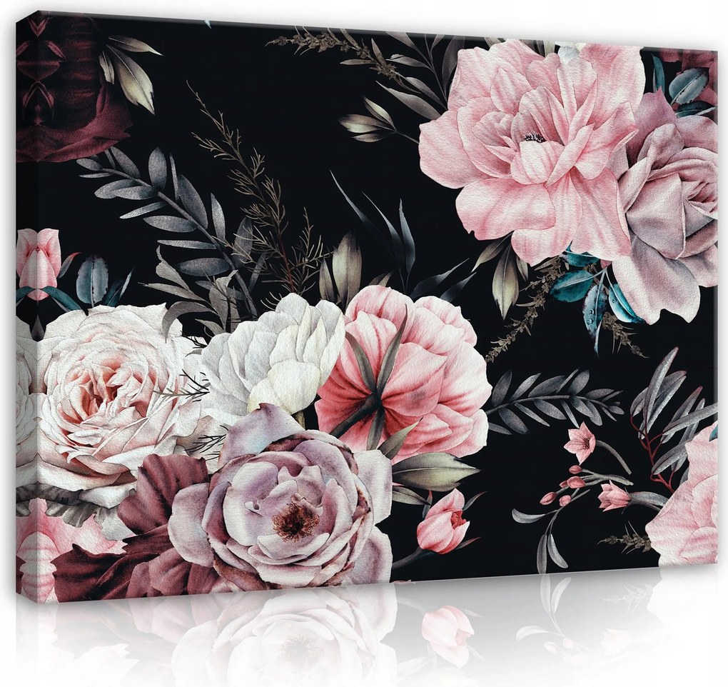 Vászonkép falikép rózsaszín fekete virágok 100 x 75