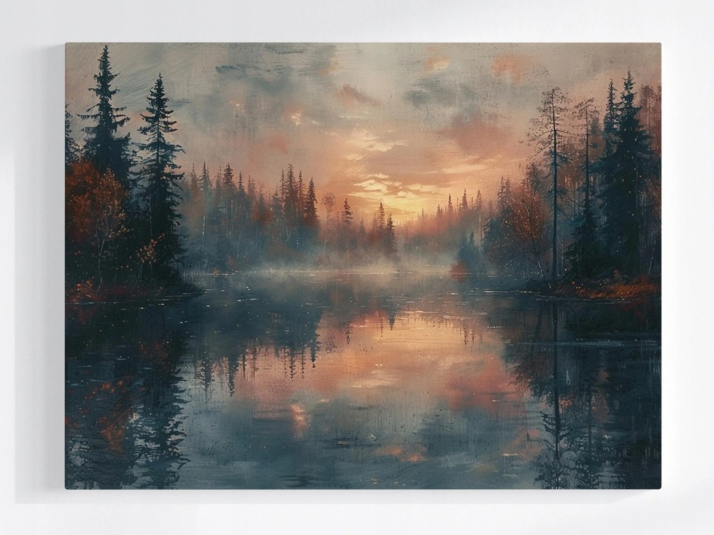 Vászonkép Canvas Tájkép Fák Tó Köd Nyugat Este 80x60