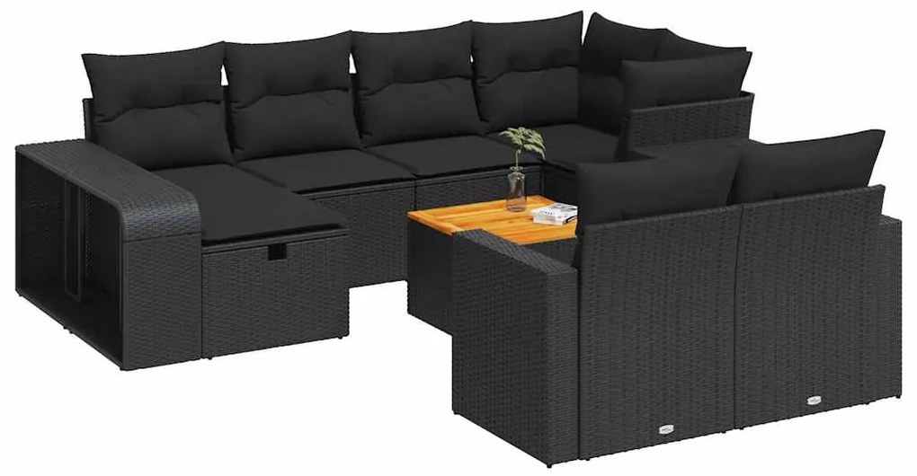 11 részes fekete polyrattan kerti ülőgarnitúra párnákkal