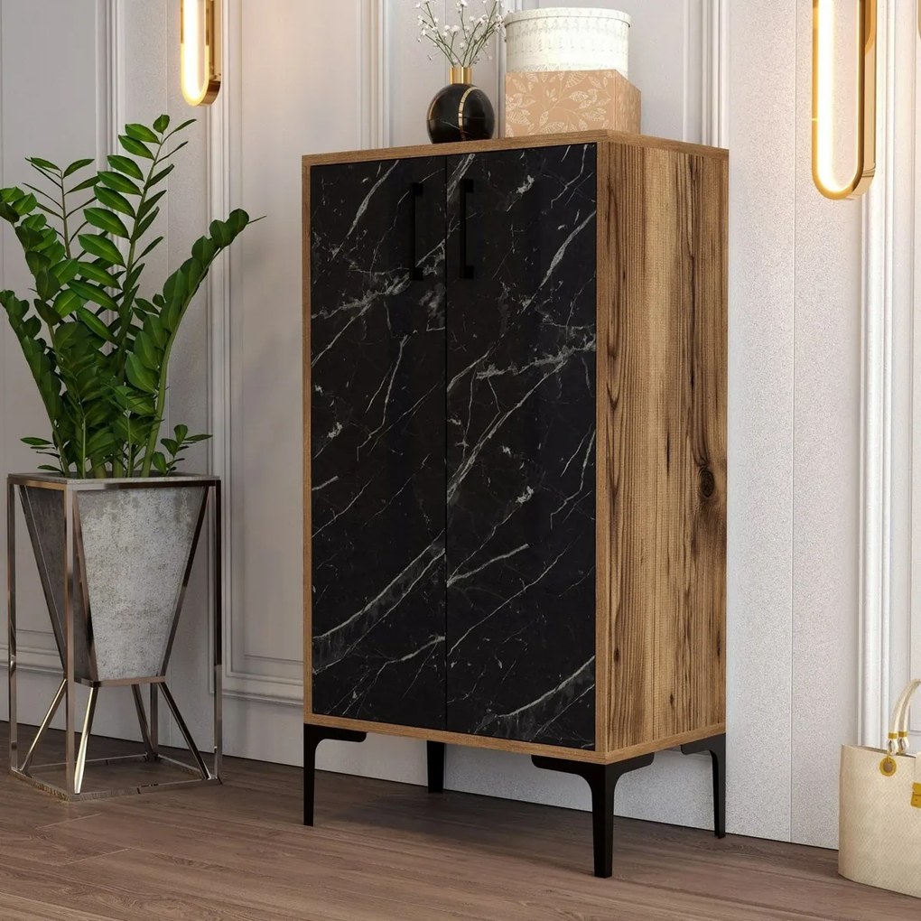 Cipősszekrény Prag Walnut és Black Marble