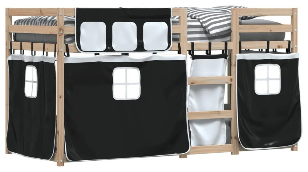 fehér/fekete tömör fenyőfa emeletes ágy függönyökkel 75x190 cm