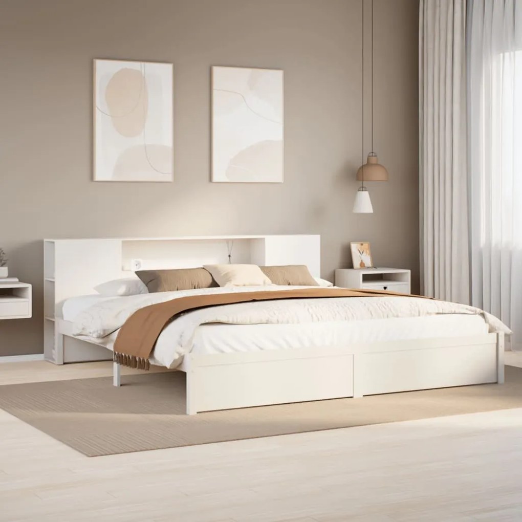 fehér tömör fenyőfa könyvespolcos ágy matrac nélkül 180x200 cm