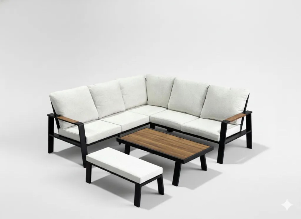 „PRISZTINA” ALUMÍNIUM BÚTORGARNITÚRA (SAROKKANAPÉ + PAD + ASZTAL) FEKETE + BÉZS PÁRNÁKKAL