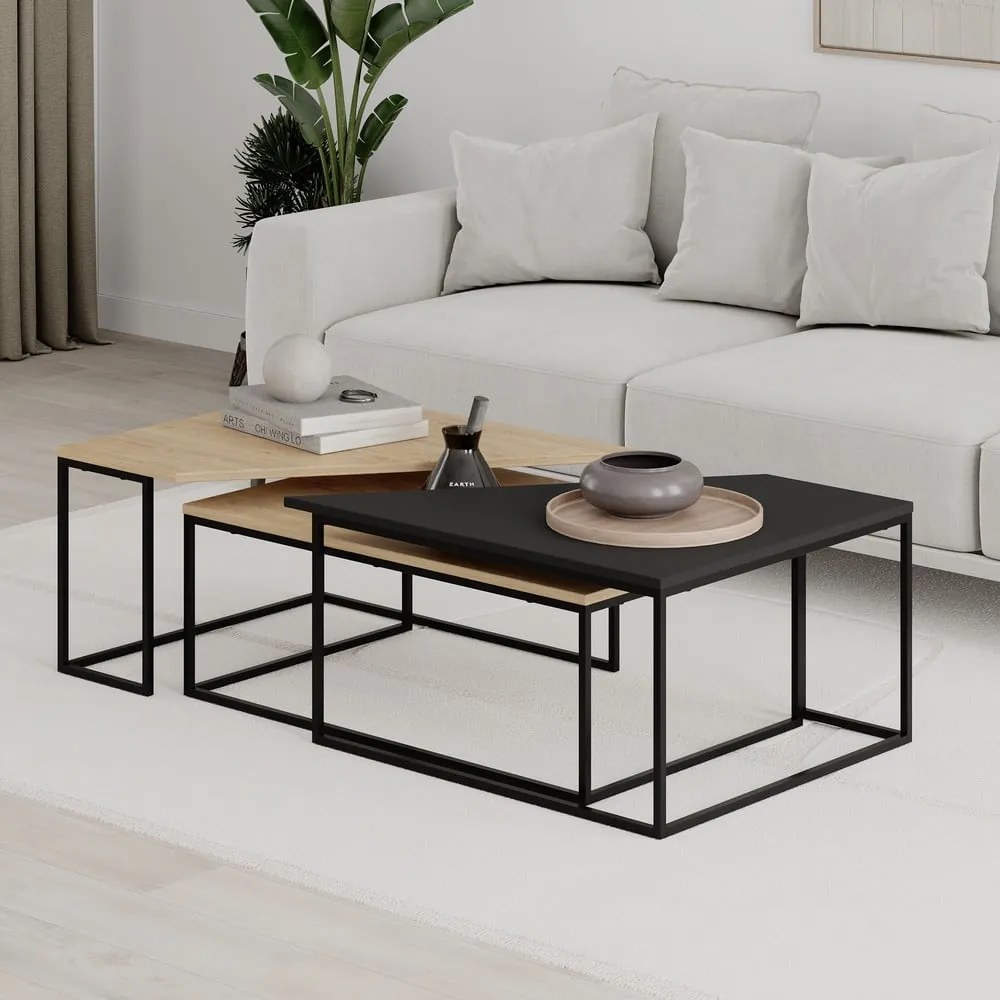 Natúr színű dohányzóasztal szett tölgyfa dekoros asztallappal, 3 db-os 70x110 cm Titan – Marckeric