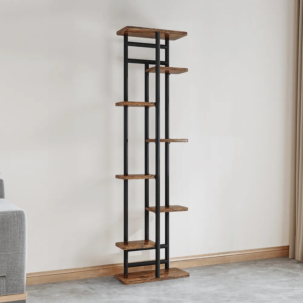 LEDOR TYP 4 8 polcos virágállvány, fémvázzal, 36 x 23 x 136 cm, rusztikus fa/fekete