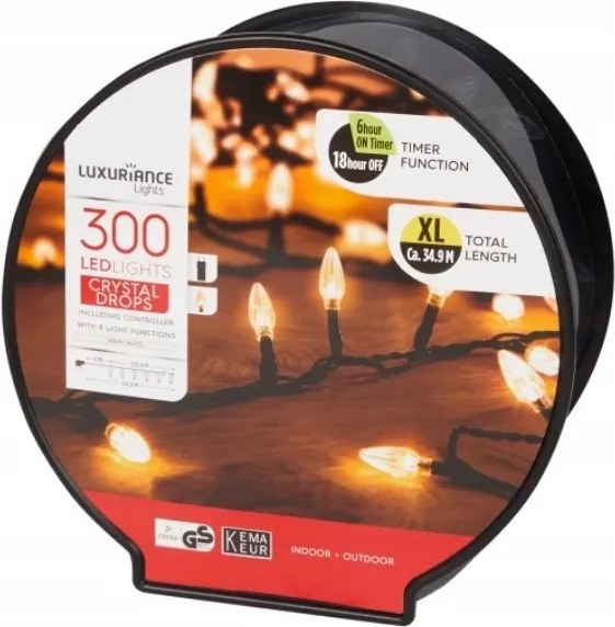 Karácsonyfa fényfüzér kristály csepp 300 Led kültéri időzítő 35 m fehér