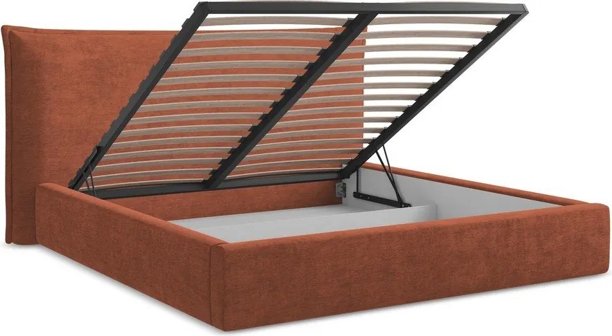 Terrakotta színű kárpitozott ágyneműtartós franciaágy ágyráccsal 180x200 cm Esala – Makamii