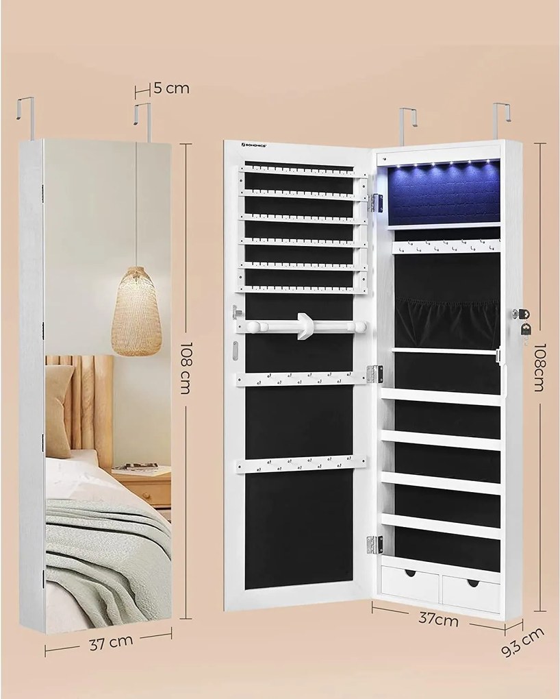 Led ékszertartó falra vagy ajtóra szerelhető, fehér