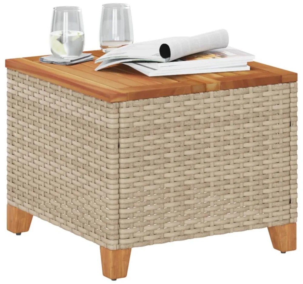 bézs polyrattan és akácfa kerti asztal 45 x 45 x 37 cm