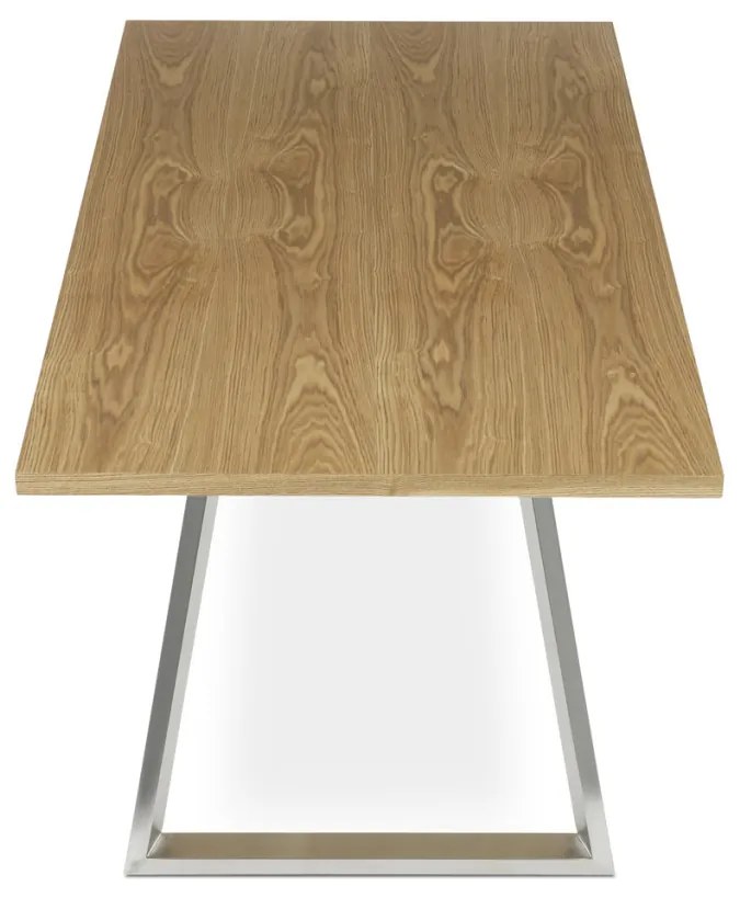 Masă de dining 160x90 cm, MDF + furnir, nuanță stejar, picioare metalice, oțel inoxidabil periat.