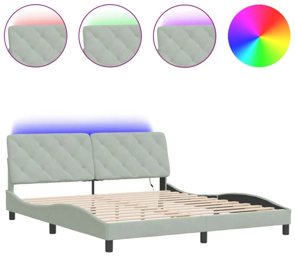 világosszürke bársony ágykeret LED-ekkel matrac nélkül 180 x 200 cm