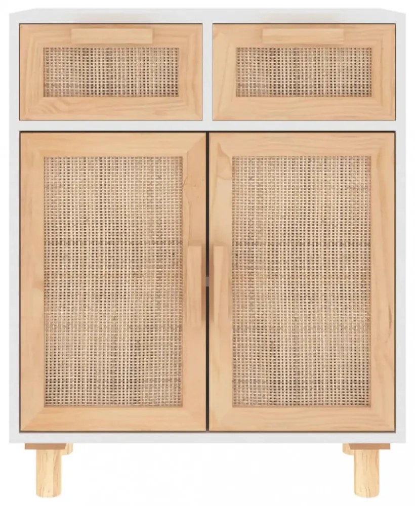 fehér tömör fenyő/természetes rattan tálalószekrény 60x30x75 cm