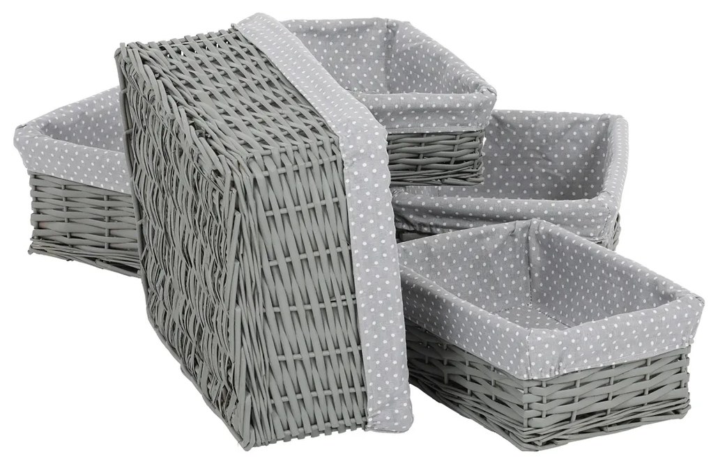 Szürke fonott kosárszett szövettel, 5 db, 5 méretben, 48 x 18 x 37 cm