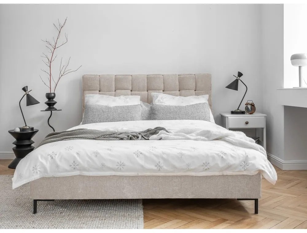 Bézs kárpitozott franciaágy ágyráccsal 180x200 cm Eve – Miuform
