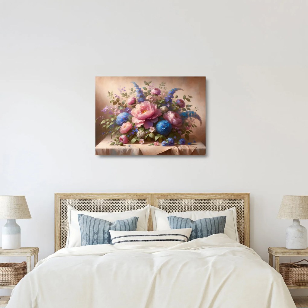 Üveg kép - Asztal tele virágokkal (70x50 cm)
