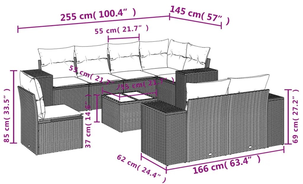 9 részes barna polyrattan kerti ülőgarnitúra párnákkal