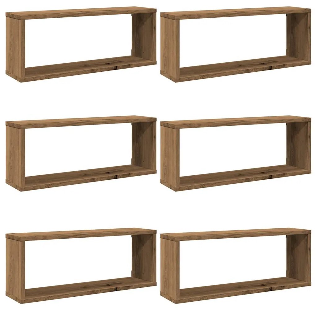 6 db kézműves tölgy színű szerelt fa fali kockapolc 60x15x23 cm