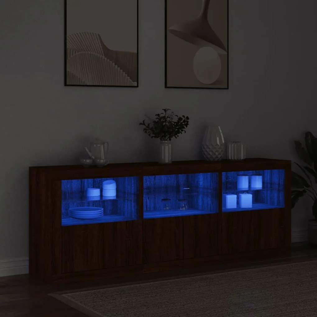 barna tölgy színű tálalószekrény LED-ekkel 181,5x37x67 cm