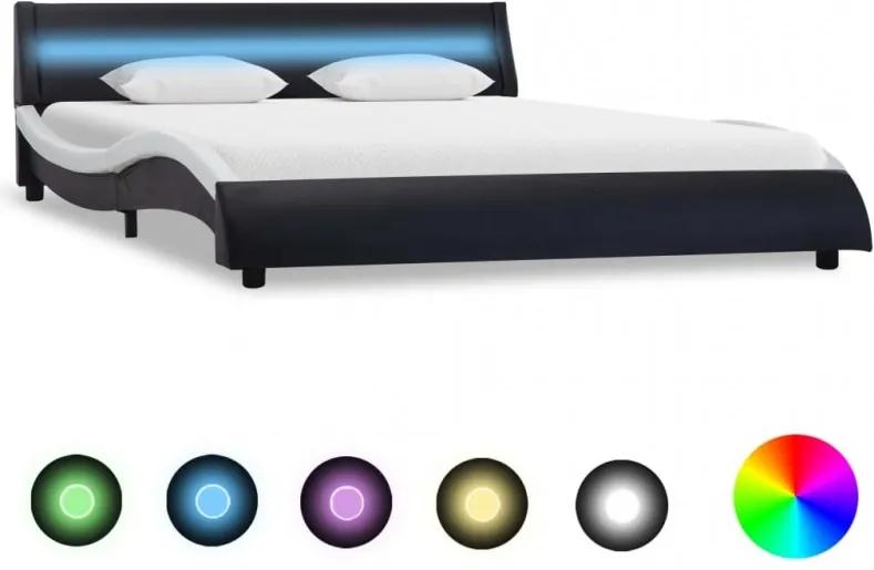 Fekete és fehér LED-es műbőr ágykeret 160 x 200 cm