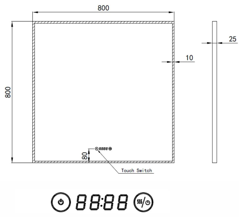Álló fürdőszobai LED tükör 80x80cm | Páramentesítő funkció - Óra - Fényerő és színhőmérséklet szabályozás | Welland Luxury-Line G1091