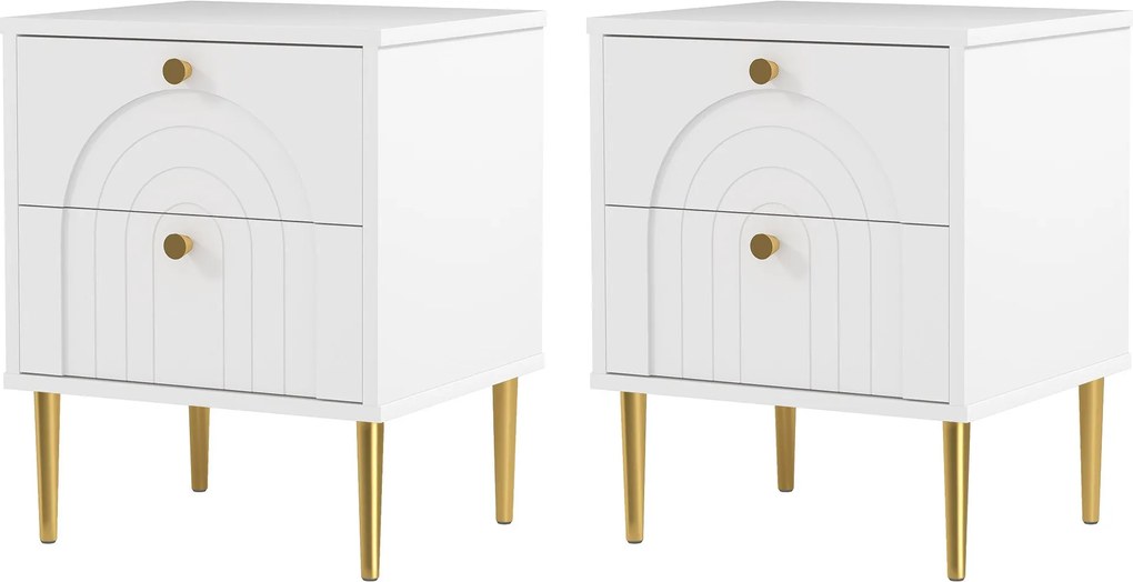 HOMCOM 2 db Éjjeli Szekrény 2 Fiókkal és Acél Lábakkal Modern Stílusban 40x35x50 cm Fehér | Aosom