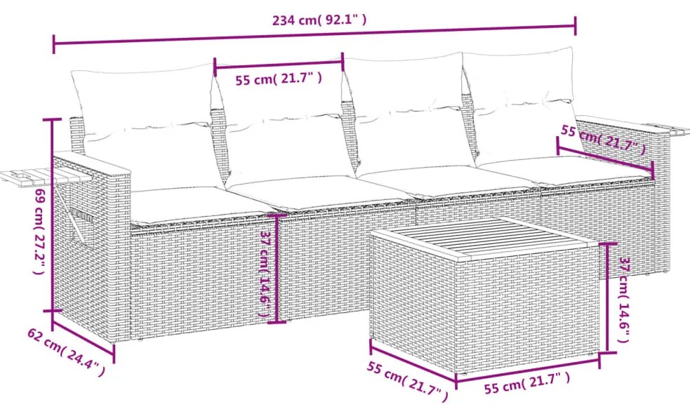 5 részes fekete polyrattan kerti ülőgarnitúra párnával
