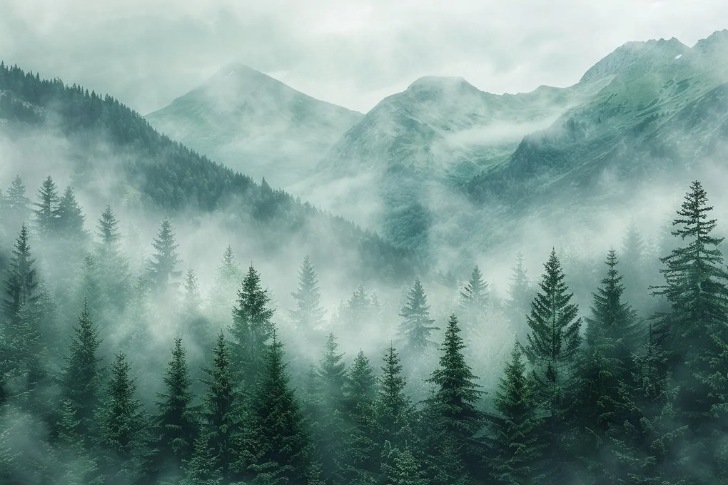 Fotótapéta Flizelina Tájkép Kilátás Hegyek Erdő Fák Köd 208x146 ragasztó