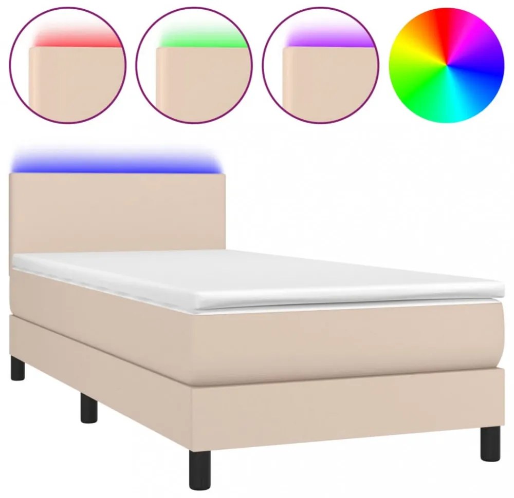 cappuccino színű műbőr rugós ágy matraccal és LED-del 90x200 cm