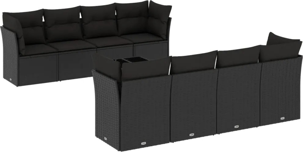 vidaXL 9 részes fekete polyrattan kerti ülőgarnitúra párnákkal