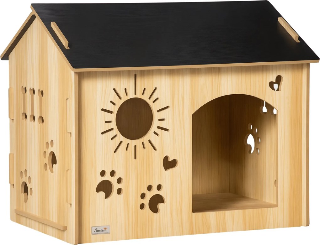 PawHut Fa Kutya Ház Kisebb Állatoknak Szellőzőnyílásokkal Kutya Kennel Tetővel Kutya Barlang Belső MDF Tölgy+Fekete 69 x 50 x 58,5 cm | Aosom
