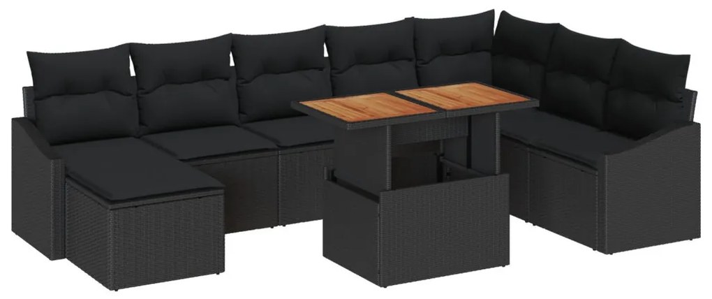 9 részes Kerti Étkezõ Szett Párnákkal Fekete Polyrattan Akácia