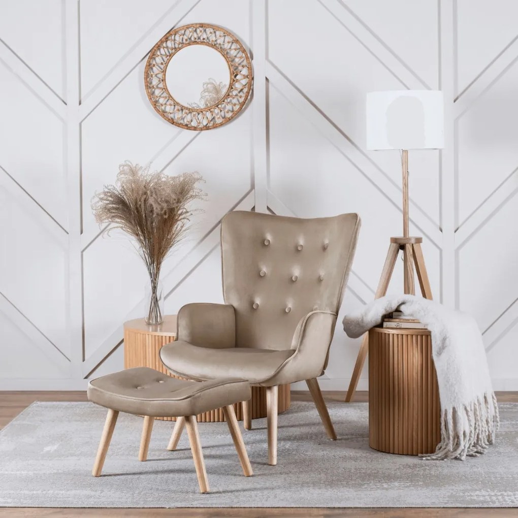 Füles Fotel Lábtartóval Bézs Bársony Kárpittal. LOZANO 2