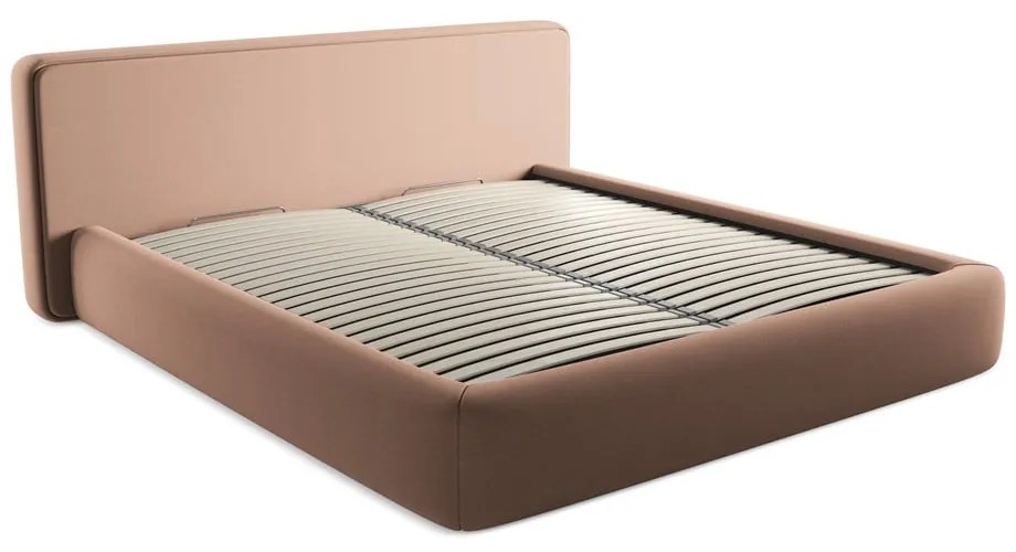 Világos rózsaszín kárpitozott ágyneműtartós franciaágy ágyráccsal 180x200 cm Kiana – Makamii