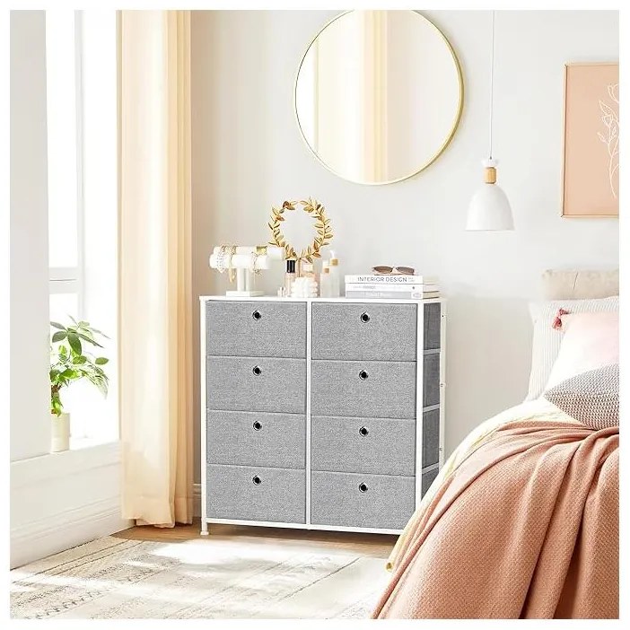 Komód, tárolóegység 8 könnyen kihúzható textilfiókkal, világosszürke és fehér színben