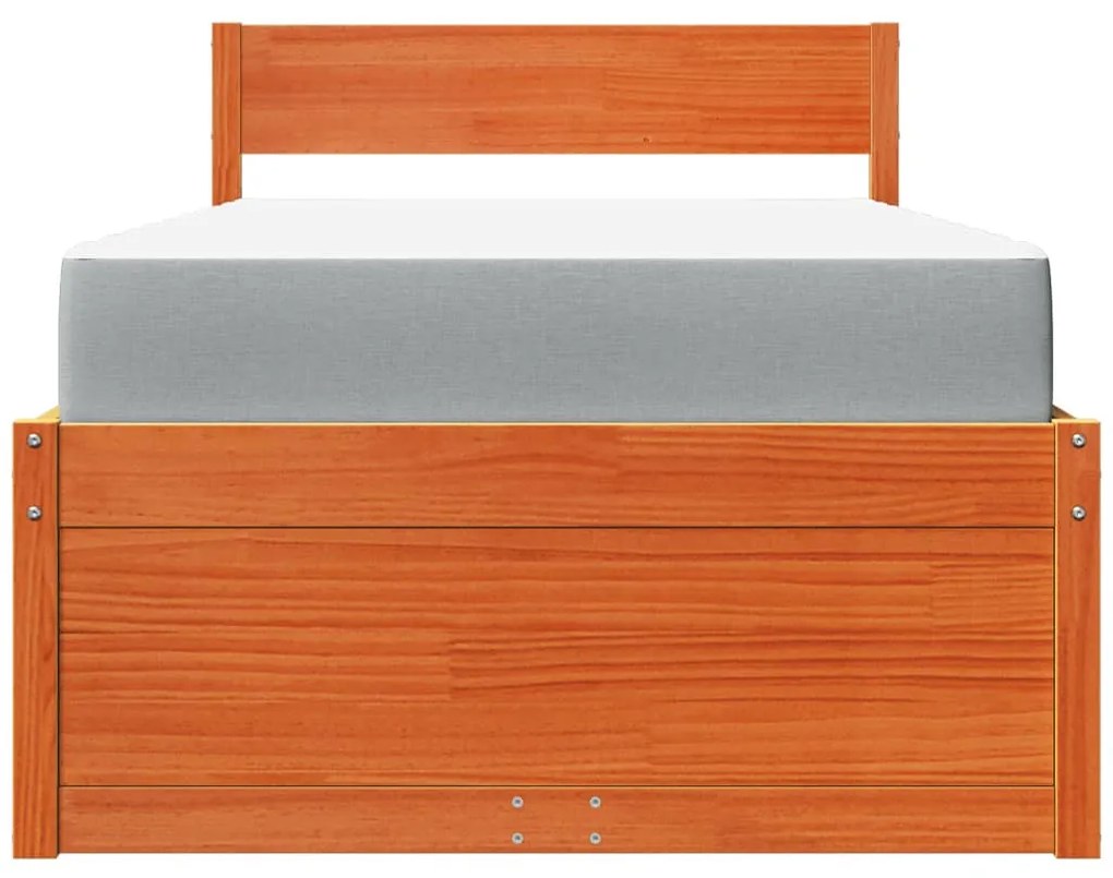 viaszbarna tömör fenyőfa ágy fiókokkal és matraccal 90 x 200 cm