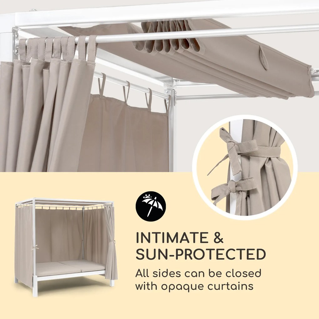 Blumfeldt Eremitage Double Sunbed, kétszemélyes napozóágy, acélkeret függyönyök krémszínű, napellenző tető, krém