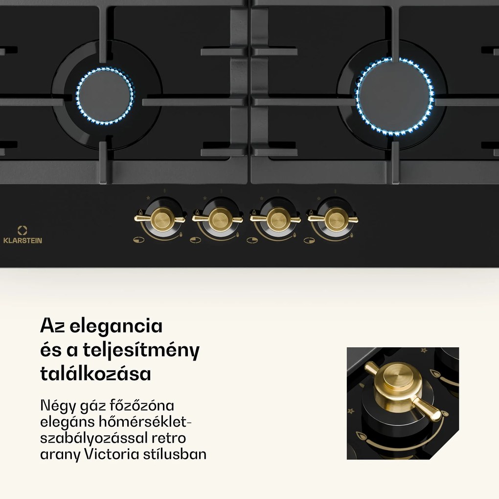Klarstein Victoria 4, gázfőzőlap, 4 gázégő, üvegkerámia, fekete