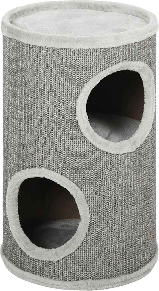 PawHut hordó alakú macskakaparó, 60 cm magas × 35 cm átmérő – 2 szintes macskabútor 2 kuckóval, plüss szegéllyel, 1–2 macskához (max. 5 kg/db), világo