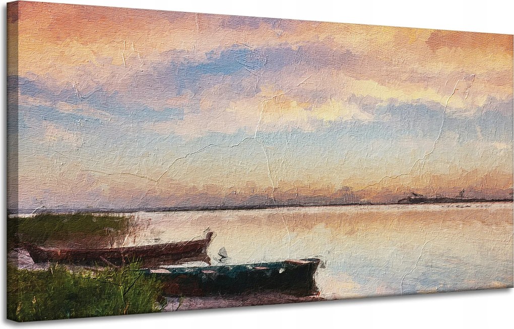 Vászonkép Olajfestmény Csónakok a parton 120x60 cm